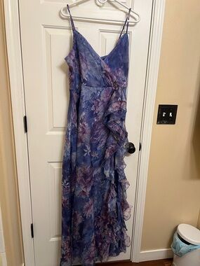 Minuet Petite Lavender-Blue Floral Ruffle Maxi Dress